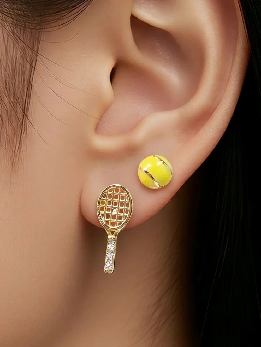 Gold Tennis Racket & Ball Stud Earrings 🎾18K Plated Asymmetric Mismatched Set
